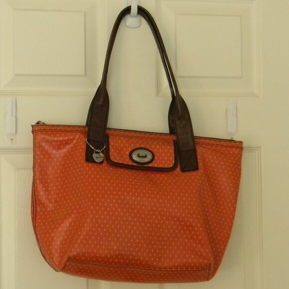 Retro Fossil Key-Per Orange Dot Coated Canvas/Leather Shoulder Bag - Picture 1 of 9